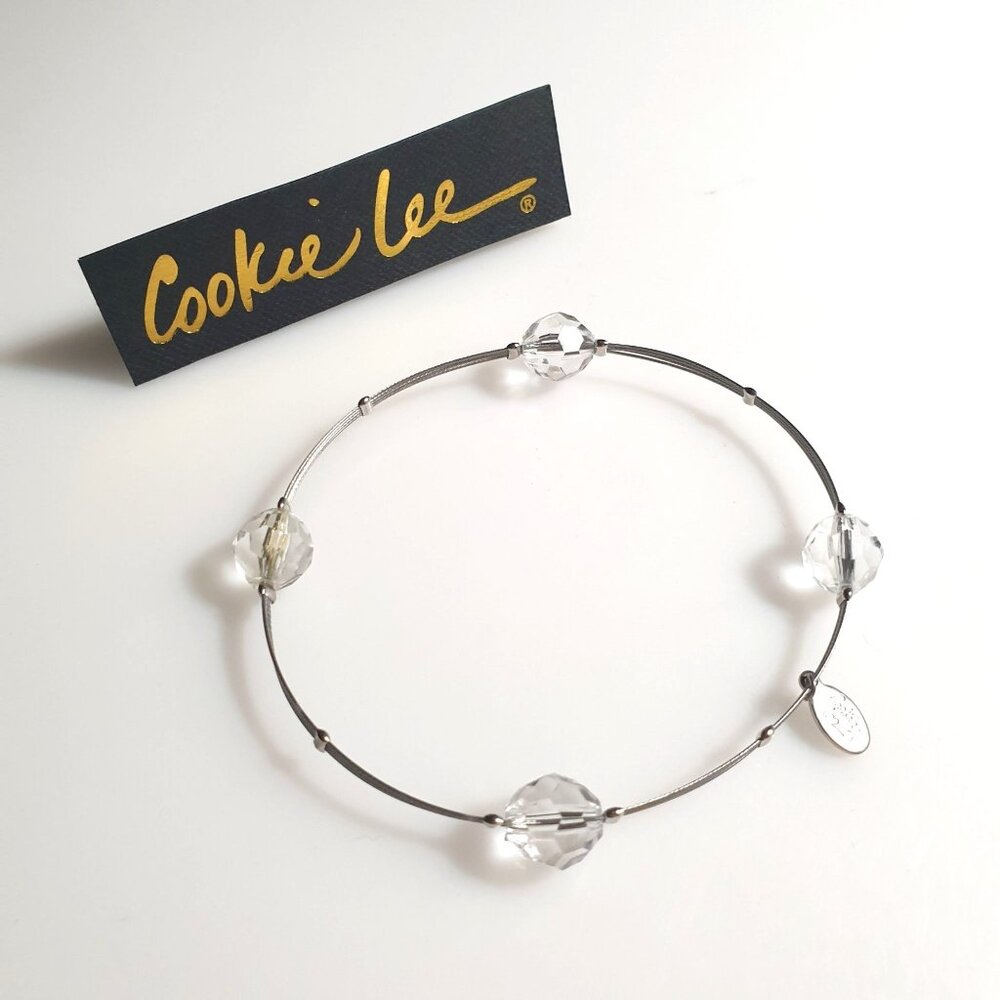 Cookie Lee Silver Tone Bracelet Faceted Black Rhinestone Oval Stackable Gift New